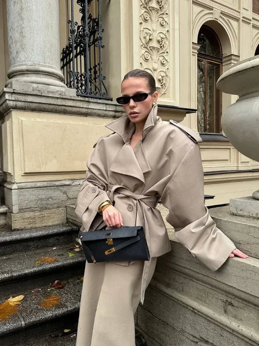 Women's Double-Breasted Trench Coat with Belt - Autumn/Winter